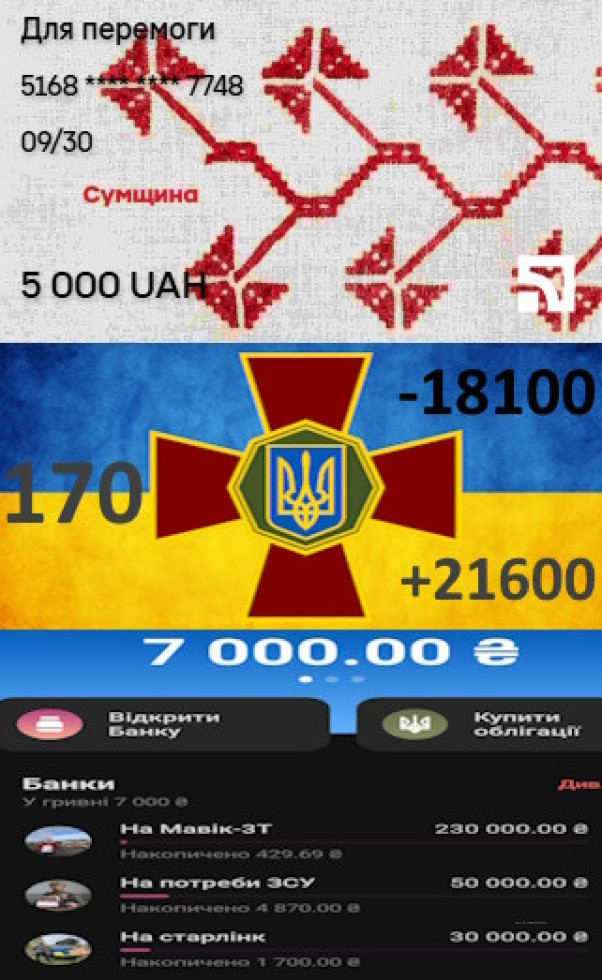 Збір триває - тиждень сто сімдесятий ***170***
1593 день російської повномаштабної війни проти України https://timeofwar.in.ua/
На рахунки ПриватБанку і Моно надійшло - 21 600 грн., 4 перекази Приват і 15 переказів Моно велика вдячність: Анна Бабич, Люда Петрович, Наташка Попович, Котики, Halyna Popyk, Донатери, Ігор Чорний, Олена Зайцева, Максим Агарков, Юсків Оксана, Яна К., Леся Т., Halyna Byhar, Попик Ганна, Андрій Галушко, Антон Момот. Витрачено 18 100 грн для купівлі старлінку (четвертий). Баланс на зараз 12 000 грн.
При потребі 40-50 старлінків ми змогли відправити 4 штуки це десята частина, ми продовжуємо збір. Дякую друзям волонтерам Lesya Badzay і Ярина Федус за те що відгукнулись для купівлі старлінків для підрозділу БПЛА 15 бригади НГУ "Кара-Даг". Разом ми можемо більше.
Сьогодні кожний з нас воїн,
Сьогодні кожний з нас волонтер,
Ціль у нас одна Перемога України
Зусилля усі для допомоги захисникам!
PayPal t.yarosch@gmail.com
євро PL19102010264086000020648837
злотi PL17102010263947000020648839
Приват
5168745136307748
IBAN: UA923052990000026207743673341
https://next.privat24.ua/send/czhpg
https://choko.link/taras_yarosh
mono: 5375411205154011
IBAN: UA883220010000026202335474676
https://send.monobank.ua/jar/3jDJbi56Rg